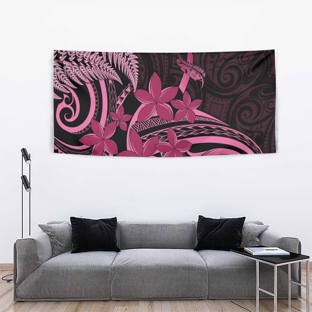 Aotearoa Maori Tapestry Pink Fern Ribbons on Black - Polynesian Pride