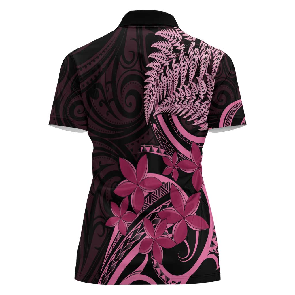 Aotearoa Maori Women Polo Shirt Pink Fern Ribbons on Black - Polynesian Pride