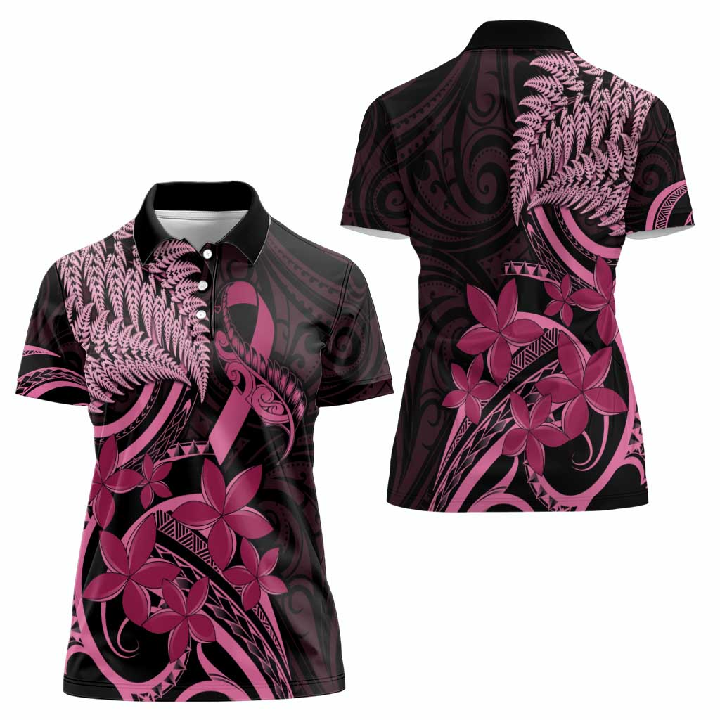 Aotearoa Maori Women Polo Shirt Pink Fern Ribbons on Black - Polynesian Pride
