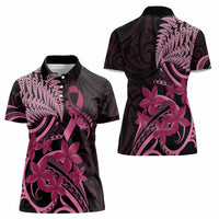 Aotearoa Maori Women Polo Shirt Pink Fern Ribbons on Black - Polynesian Pride