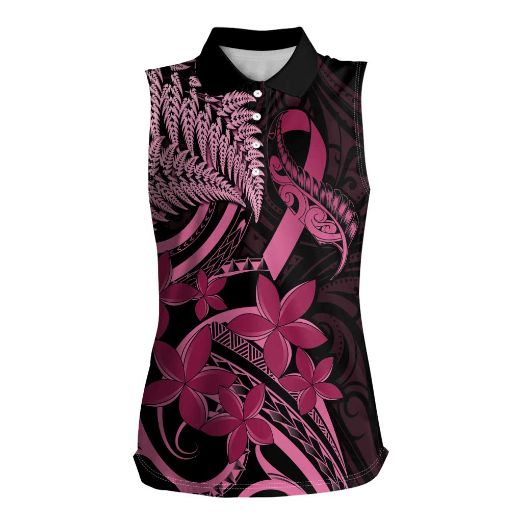 Aotearoa Maori Women Sleeveless Polo Shirt Pink Fern Ribbons on Black - Polynesian Pride