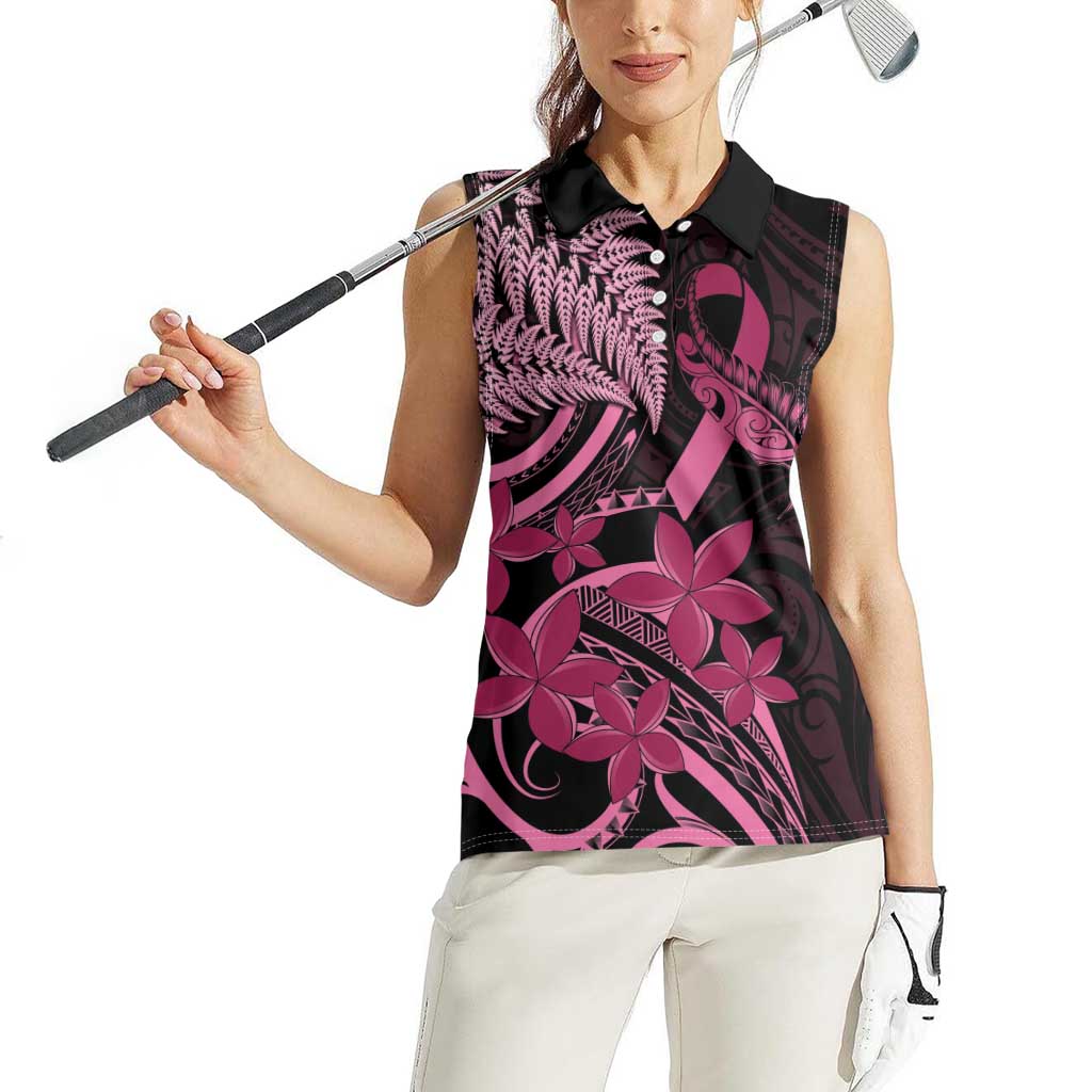 Aotearoa Maori Women Sleeveless Polo Shirt Pink Fern Ribbons on Black - Polynesian Pride