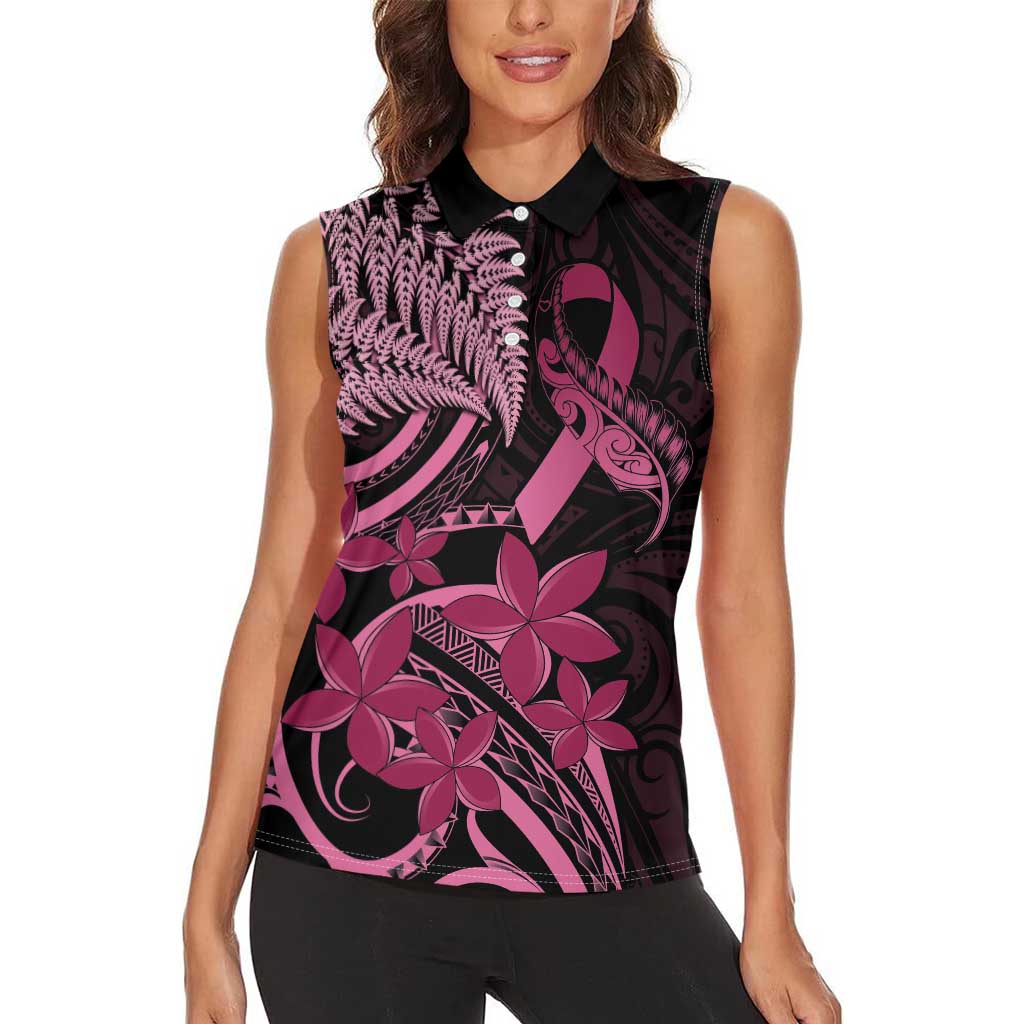Aotearoa Maori Women Sleeveless Polo Shirt Pink Fern Ribbons on Black - Polynesian Pride