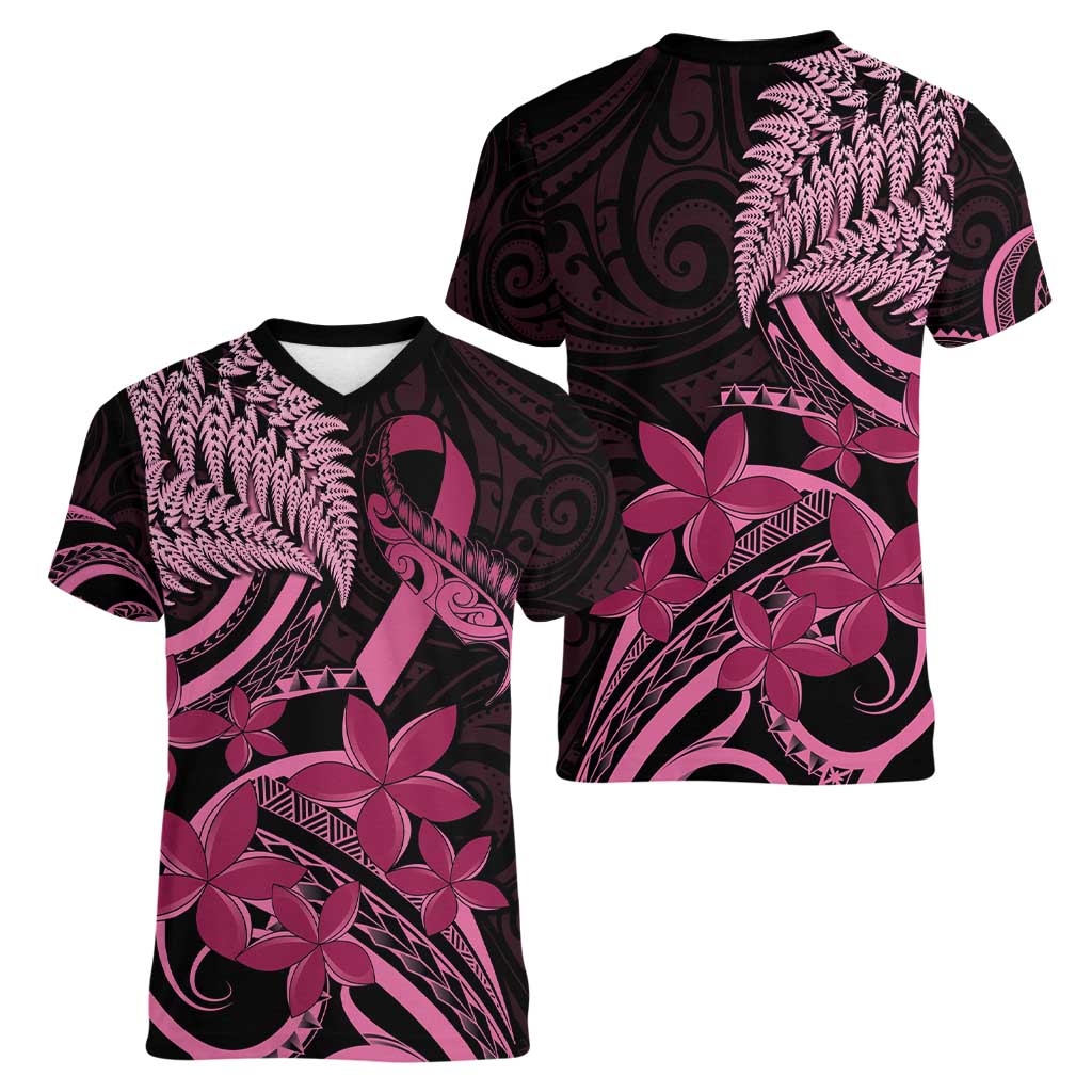 Aotearoa Maori Women V-Neck T-Shirt Pink Fern Ribbons on Black - Polynesian Pride
