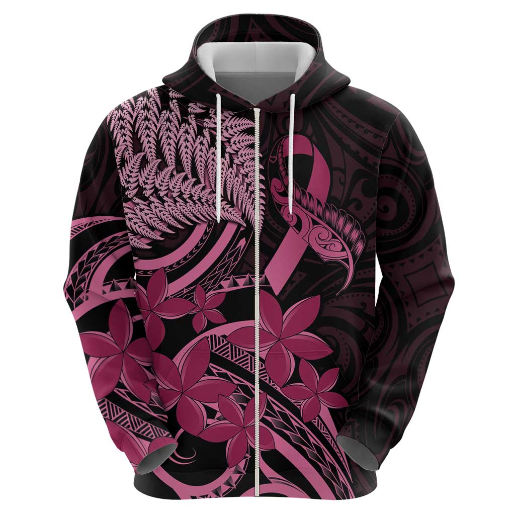 Aotearoa Maori Zip Hoodie Pink Fern Ribbons on Black - Polynesian Pride