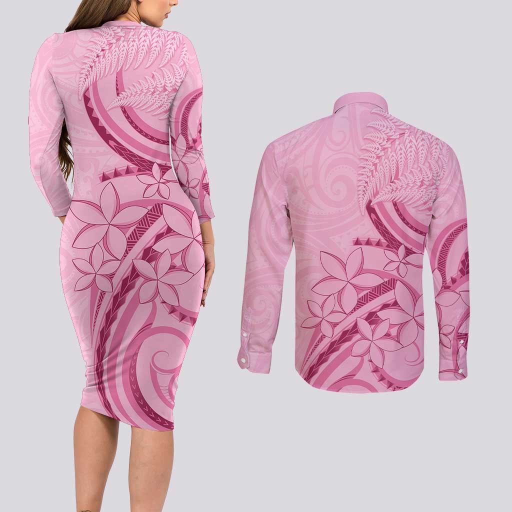 Aotearoa Maori Couples Matching Long Sleeve Bodycon Dress and Long Sleeve Button Shirt Pink Fern Ribbons - Polynesian Pride