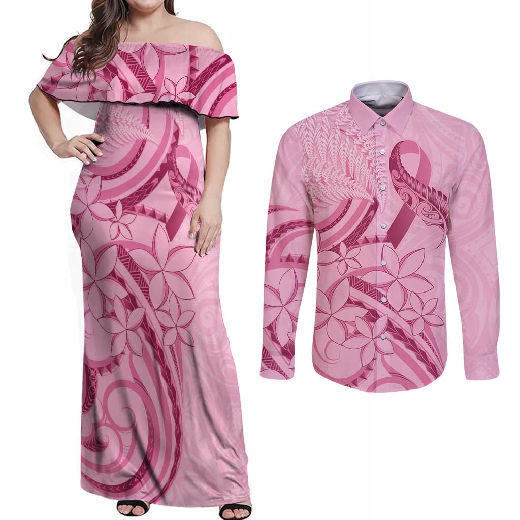 Aotearoa Maori Couples Matching Off Shoulder Maxi Dress and Long Sleeve Button Shirt Pink Fern Ribbons - Polynesian Pride