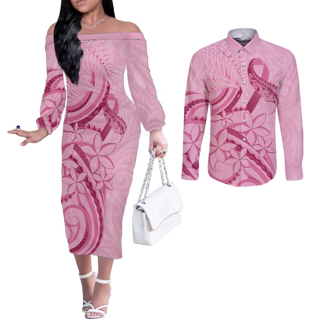 Aotearoa Maori Couples Matching Off The Shoulder Long Sleeve Dress and Long Sleeve Button Shirt Pink Fern Ribbons - Polynesian Pride