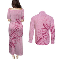 Aotearoa Maori Couples Matching Puletasi and Long Sleeve Button Shirt Pink Fern Ribbons - Polynesian Pride