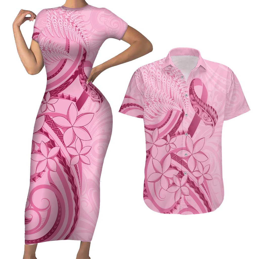 Aotearoa Maori Couples Matching Short Sleeve Bodycon Dress and Hawaiian Shirt Pink Fern Ribbons - Polynesian Pride