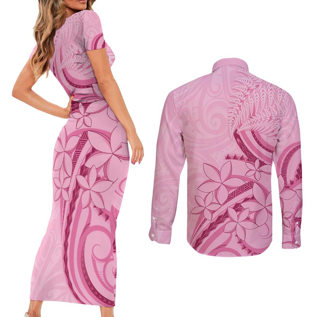 Aotearoa Maori Couples Matching Short Sleeve Bodycon Dress and Long Sleeve Button Shirt Pink Fern Ribbons - Polynesian Pride