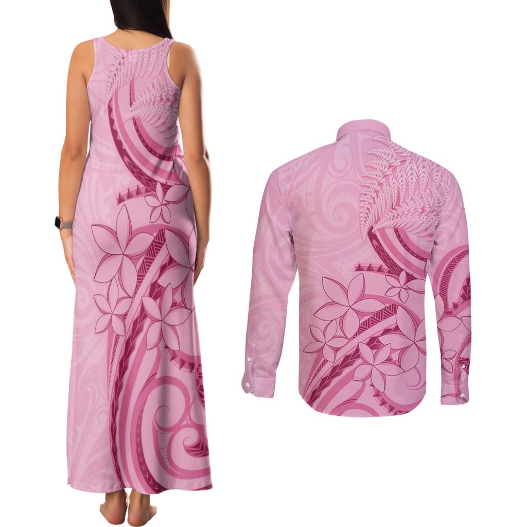 Aotearoa Maori Couples Matching Tank Maxi Dress and Long Sleeve Button Shirt Pink Fern Ribbons - Polynesian Pride