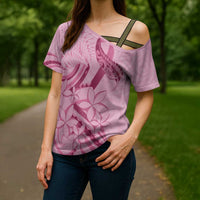 Aotearoa Maori Cross Shoulder Shirt Pink Fern Ribbons - Polynesian Pride