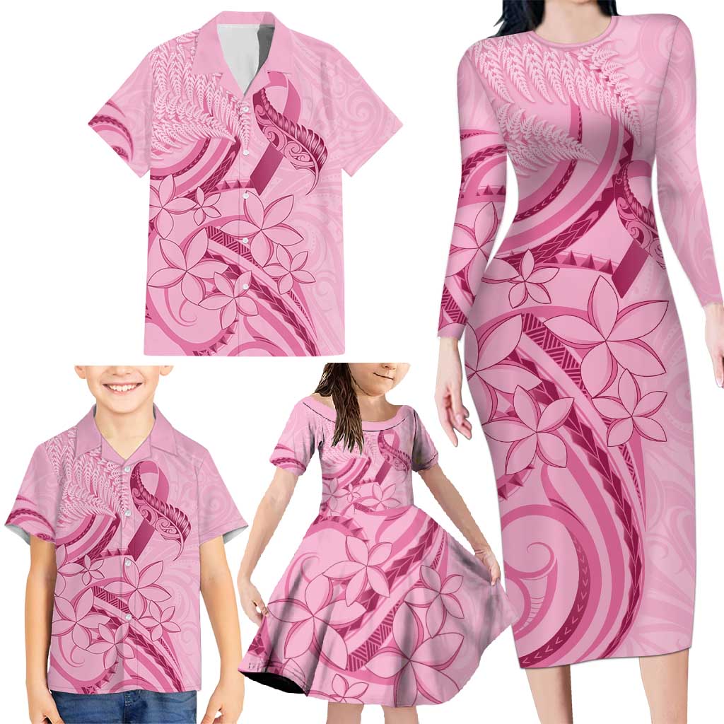 Aotearoa Maori Family Matching Long Sleeve Bodycon Dress and Hawaiian Shirt Pink Fern Ribbons - Polynesian Pride