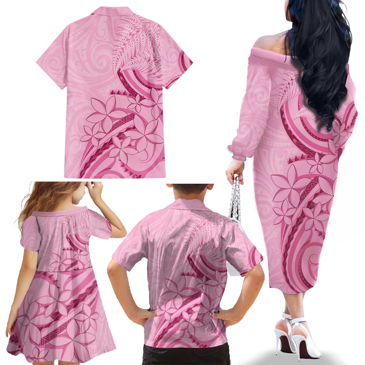 Aotearoa Maori Family Matching Off The Shoulder Long Sleeve Dress and Hawaiian Shirt Pink Fern Ribbons - Polynesian Pride