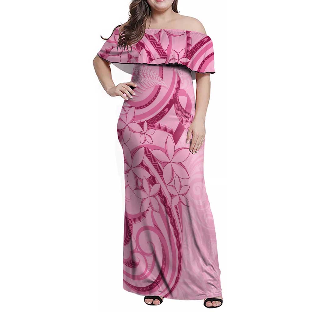 Aotearoa Maori Family Matching Off Shoulder Maxi Dress and Hawaiian Shirt Pink Fern Ribbons - Polynesian Pride