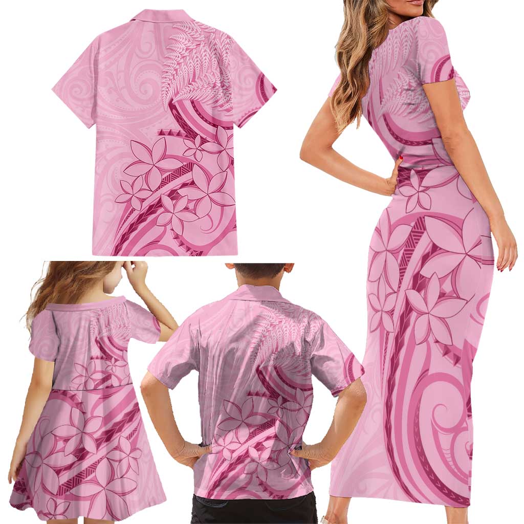 Aotearoa Maori Family Matching Short Sleeve Bodycon Dress and Hawaiian Shirt Pink Fern Ribbons - Polynesian Pride