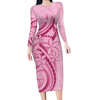 Aotearoa Maori Long Sleeve Bodycon Dress Pink Fern Ribbons - Polynesian Pride