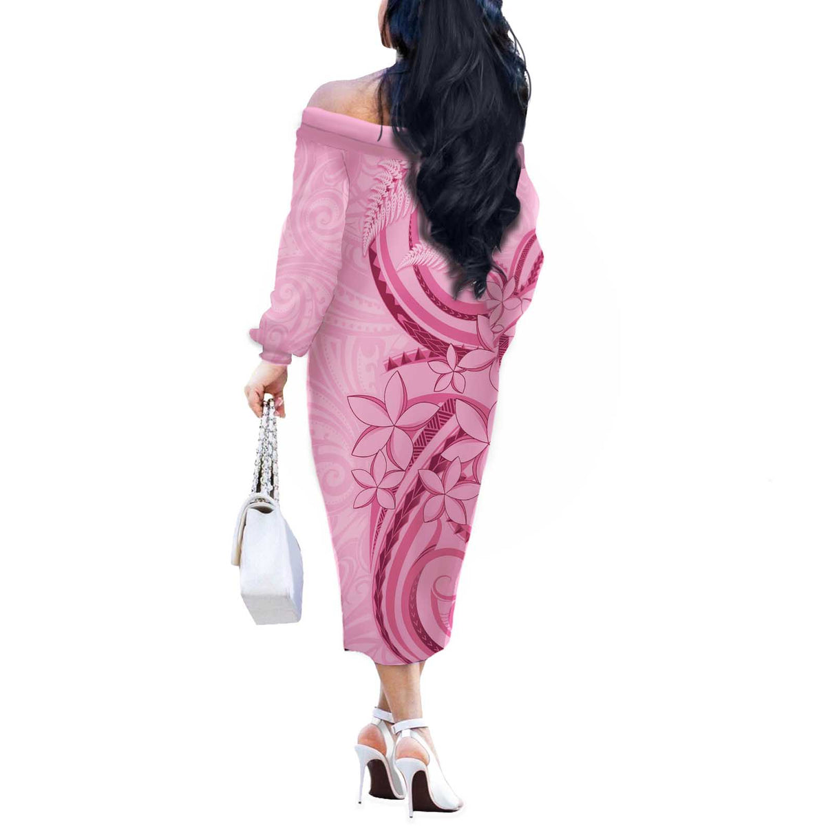 Aotearoa Maori Off The Shoulder Long Sleeve Dress Pink Fern Ribbons - Polynesian Pride