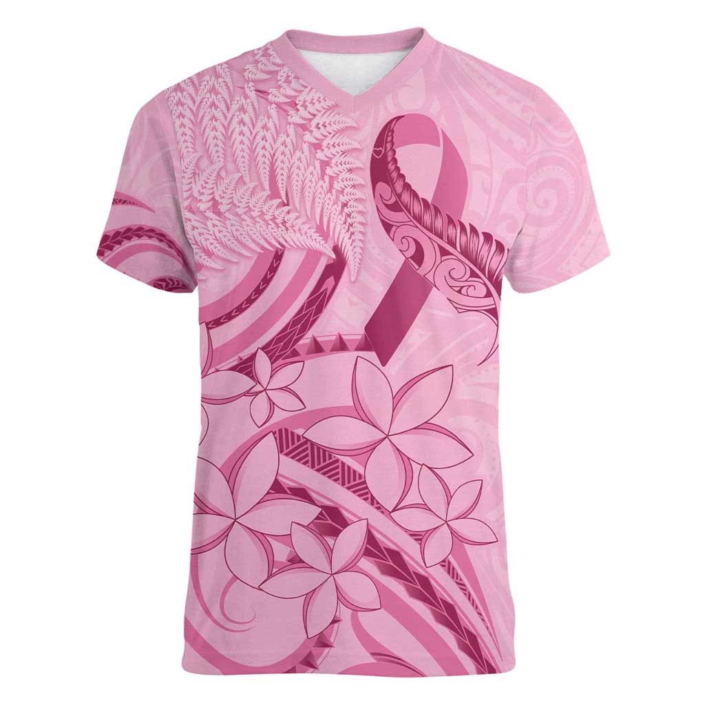 Aotearoa Maori Women V-Neck T-Shirt Pink Fern Ribbons - Polynesian Pride