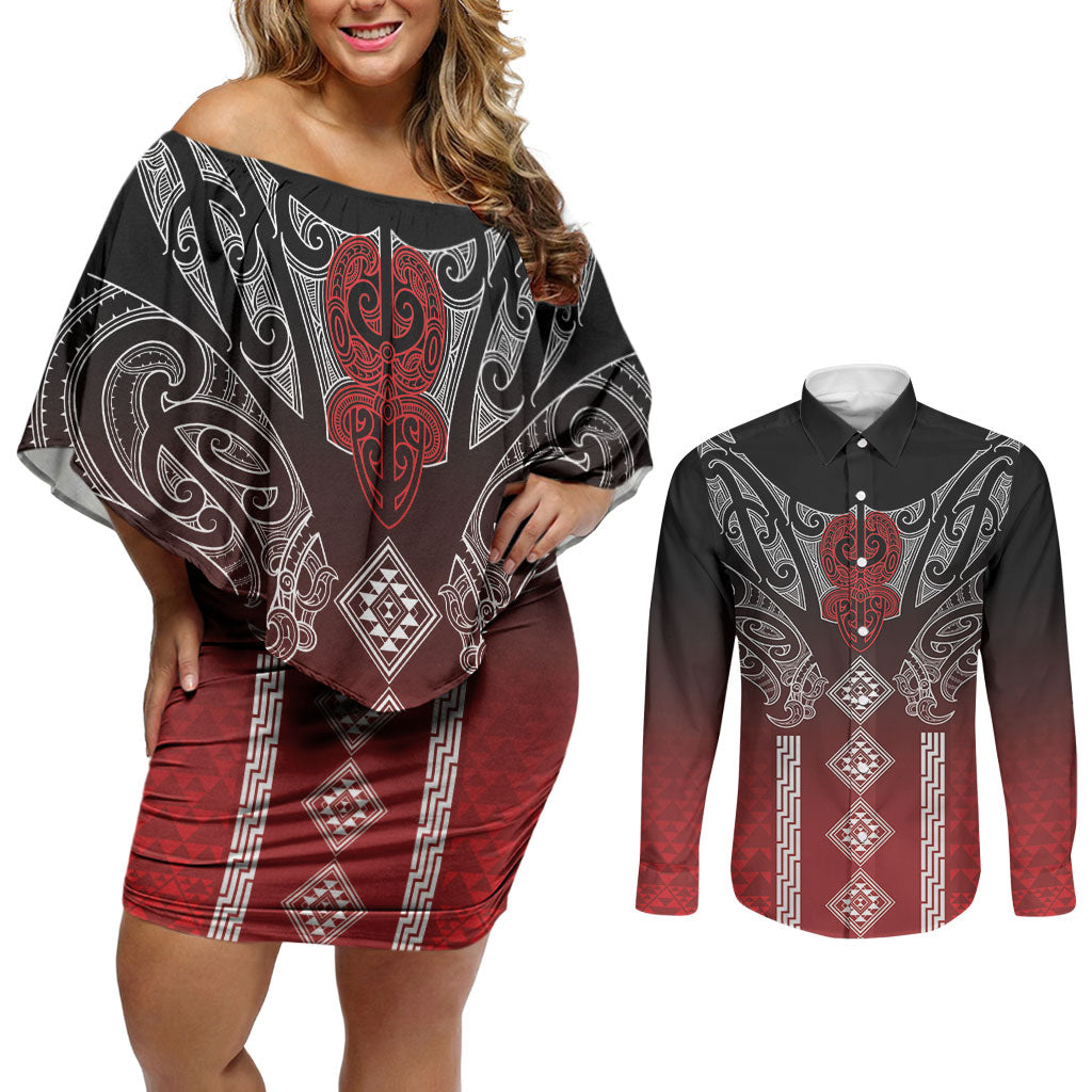 Aotearoa Maori Iwi Heritage Couples Matching Off Shoulder Short Dress and Long Sleeve Button Shirt Ngapuhi Kokowai LT7 Red - Polynesian Pride