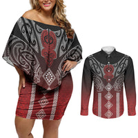Aotearoa Maori Iwi Heritage Couples Matching Off Shoulder Short Dress and Long Sleeve Button Shirt Ngapuhi Kokowai LT7 Red - Polynesian Pride