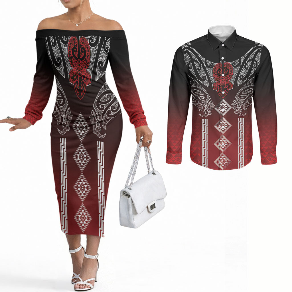 Aotearoa Maori Iwi Heritage Couples Matching Off The Shoulder Long Sleeve Dress and Long Sleeve Button Shirt Ngapuhi Kokowai LT7 Red - Polynesian Pride