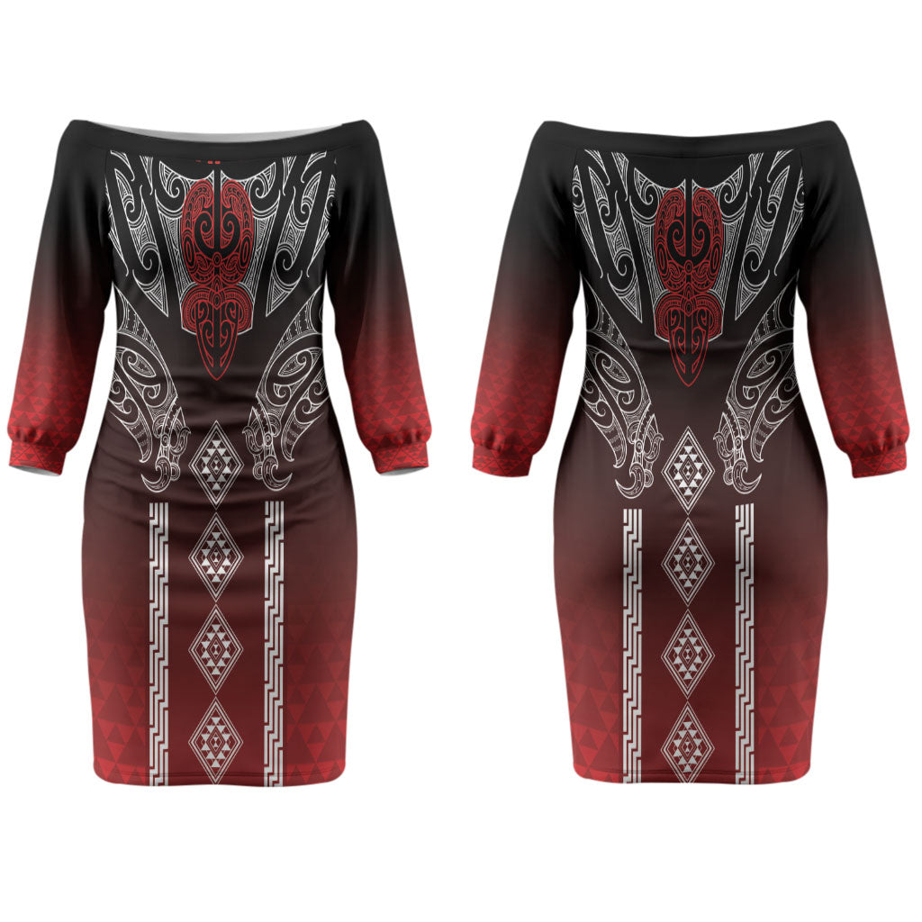 Aotearoa Maori Iwi Heritage Couples Matching Off The Shoulder Long Sleeve Dress and Long Sleeve Button Shirt Ngapuhi Kokowai LT7 - Polynesian Pride
