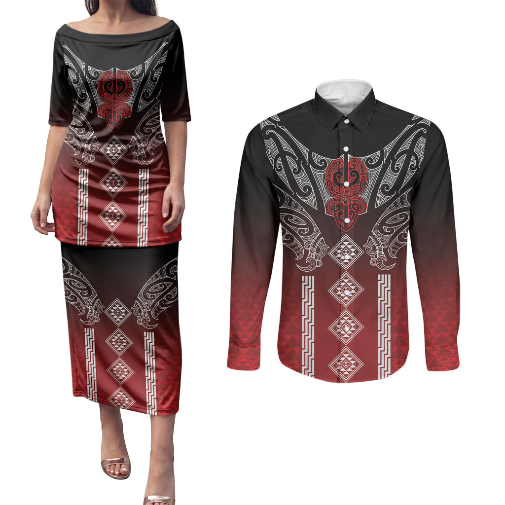 Aotearoa Maori Iwi Heritage Couples Matching Puletasi and Long Sleeve Button Shirt Ngapuhi Kokowai LT7 Red - Polynesian Pride