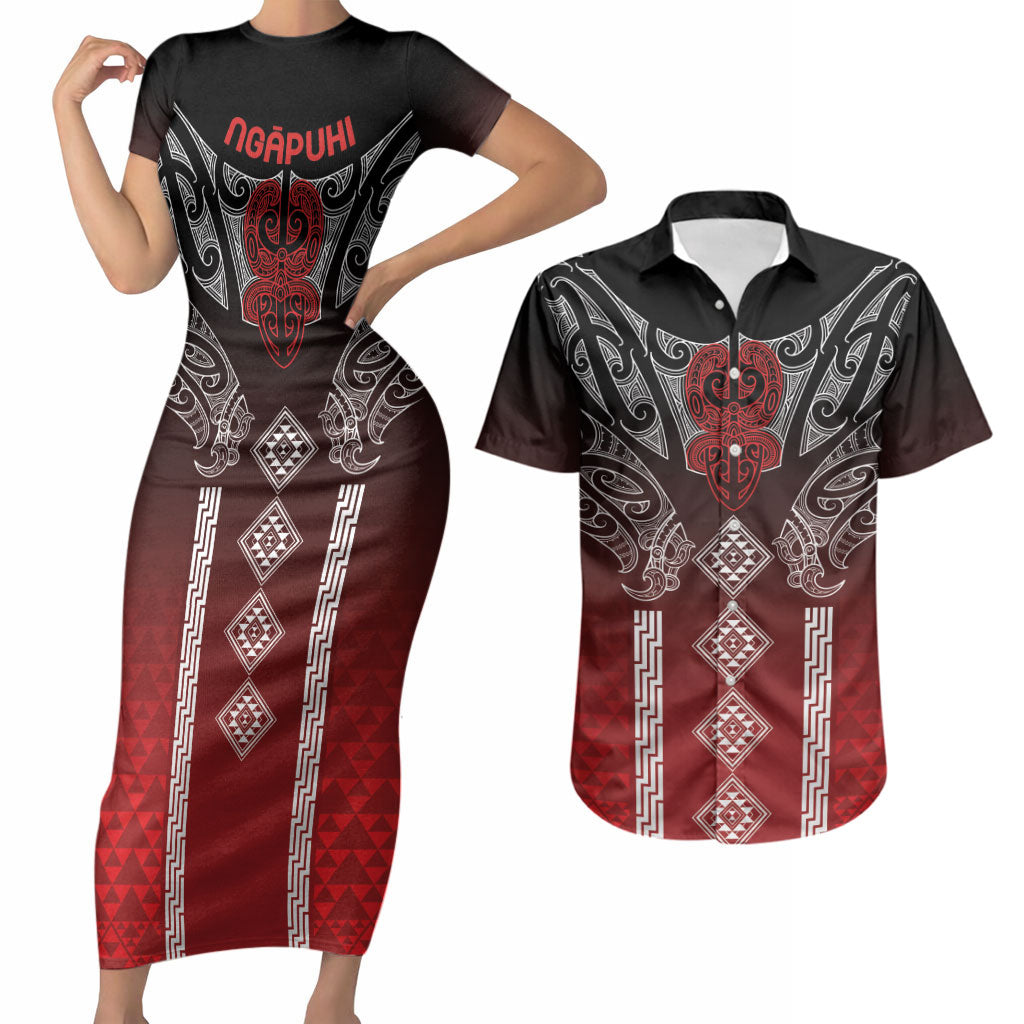 Aotearoa Maori Iwi Heritage Couples Matching Short Sleeve Bodycon Dress and Hawaiian Shirt Ngapuhi Kokowai LT7 Red - Polynesian Pride