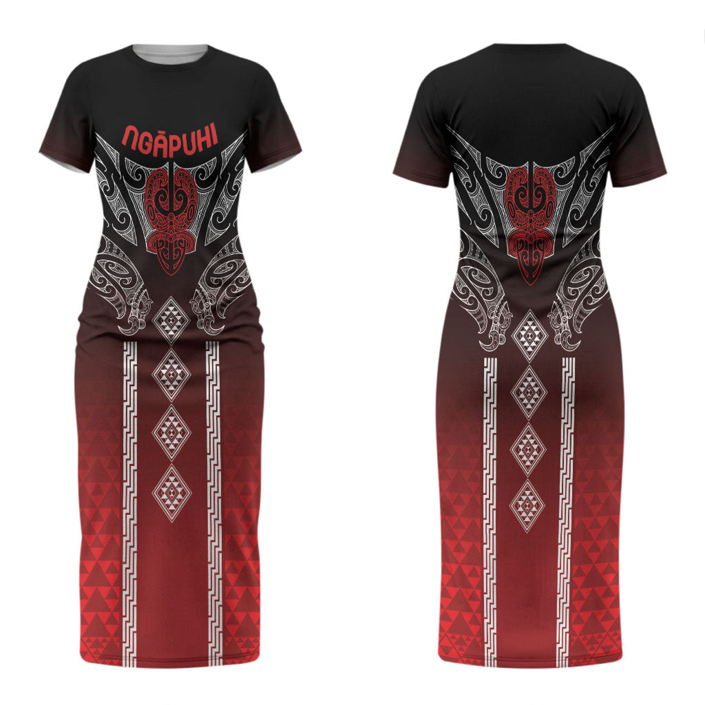 Aotearoa Maori Iwi Heritage Couples Matching Short Sleeve Bodycon Dress and Hawaiian Shirt Ngapuhi Kokowai LT7 - Polynesian Pride