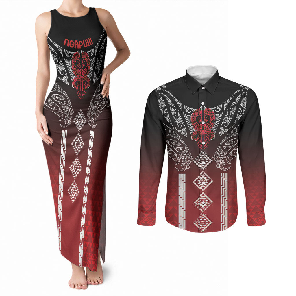 Aotearoa Maori Iwi Heritage Couples Matching Tank Maxi Dress and Long Sleeve Button Shirt Ngapuhi Kokowai LT7 Red - Polynesian Pride