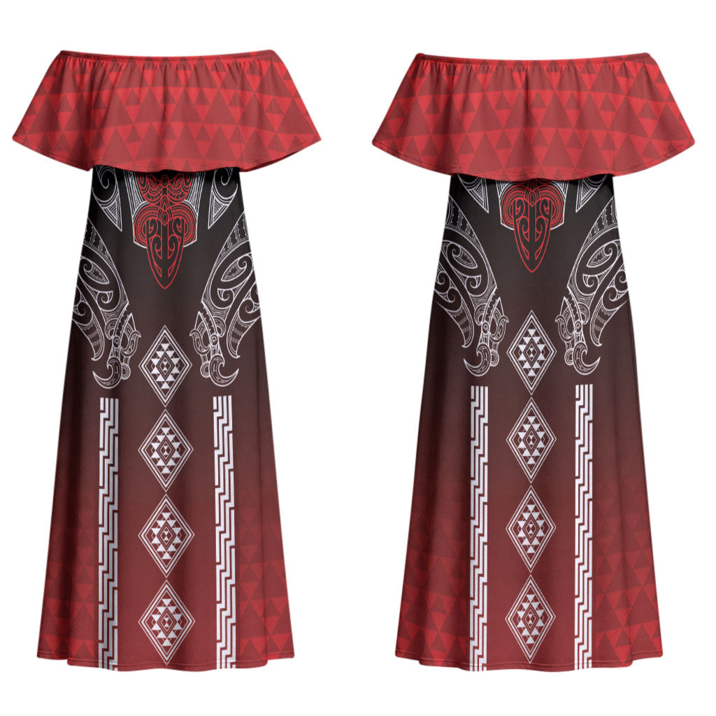 Aotearoa Maori Iwi Heritage Family Matching Off Shoulder Maxi Dress and Hawaiian Shirt Ngapuhi Kokowai LT7 Mom's Dress Red - Polynesian Pride