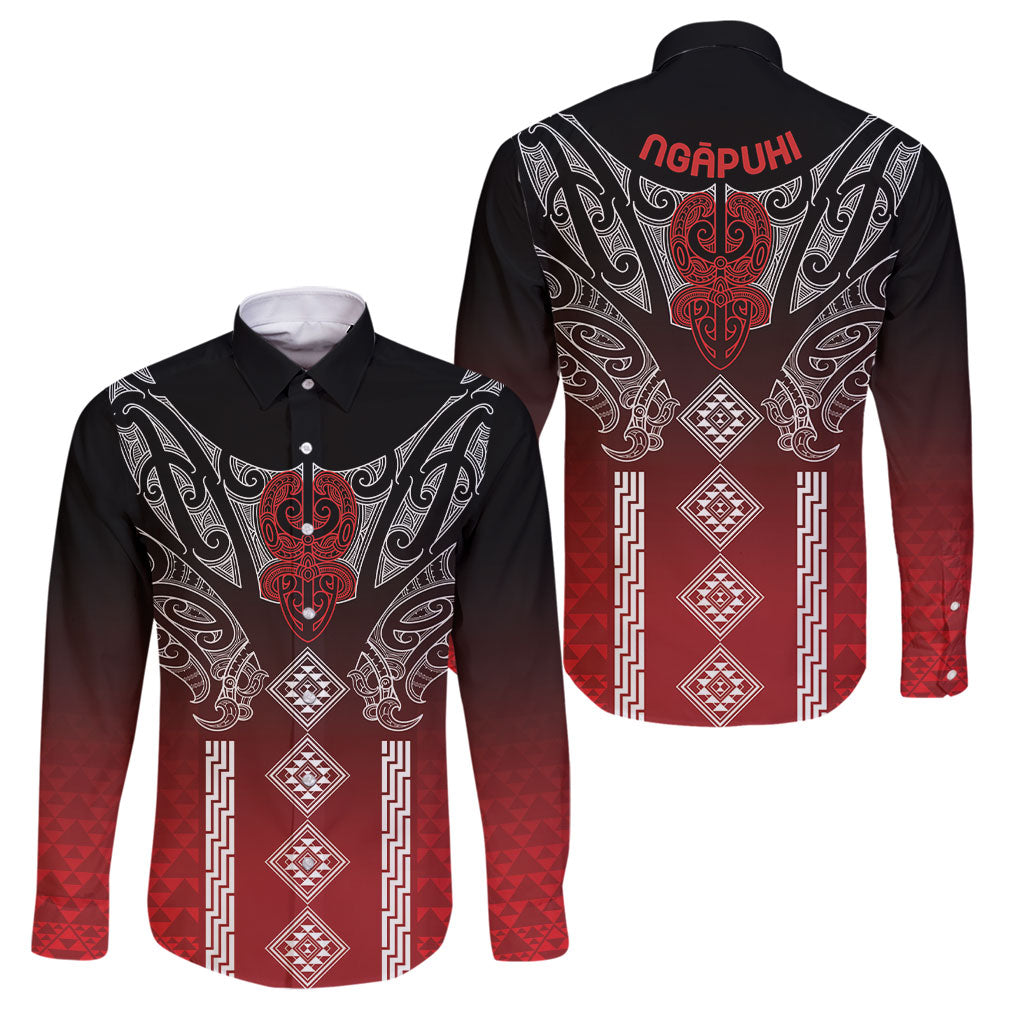Aotearoa Maori Iwi Heritage Family Matching Off Shoulder Maxi Dress and Hawaiian Shirt Ngapuhi Kokowai LT7 Dad's Shirt - Long Sleeve Red - Polynesian Pride