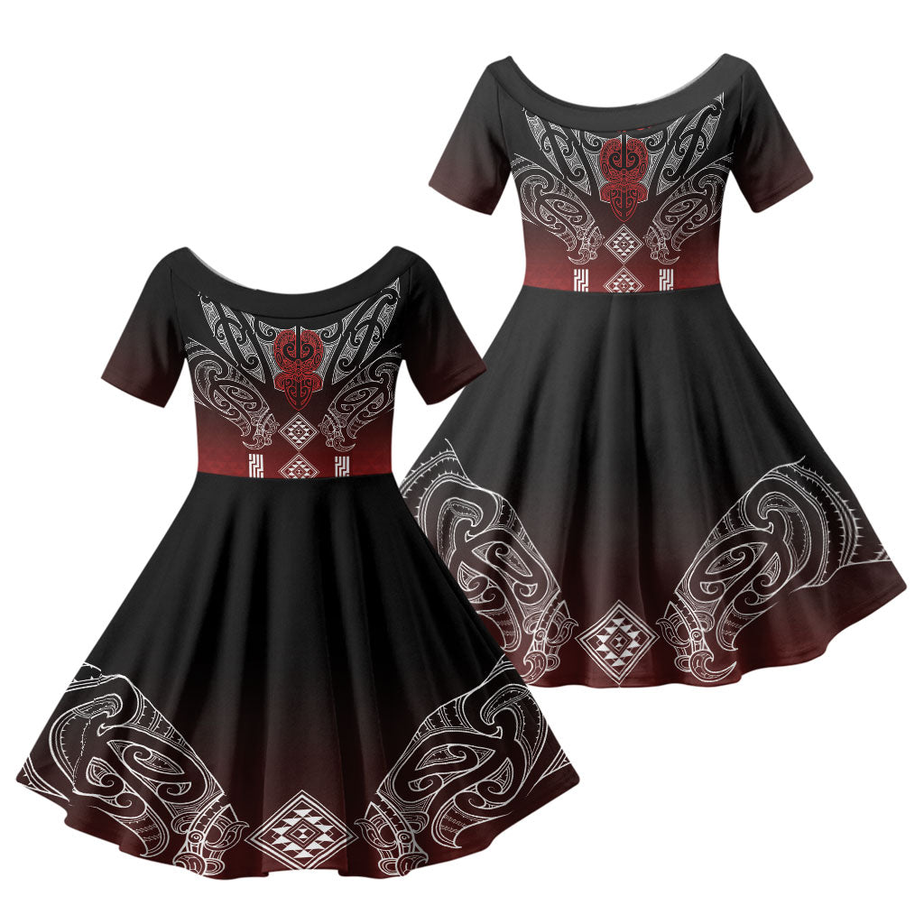 Aotearoa Maori Iwi Heritage Family Matching Off Shoulder Maxi Dress and Hawaiian Shirt Ngapuhi Kokowai LT7 Daughter's Dress Red - Polynesian Pride