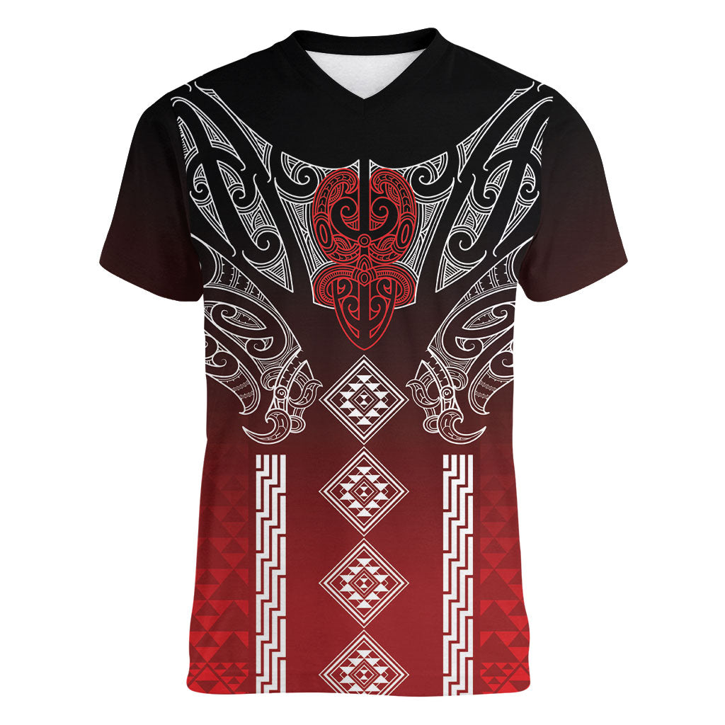 Aotearoa Maori Iwi Heritage Women V-Neck T-Shirt Ngapuhi Kokowai LT7 Female Red - Polynesian Pride
