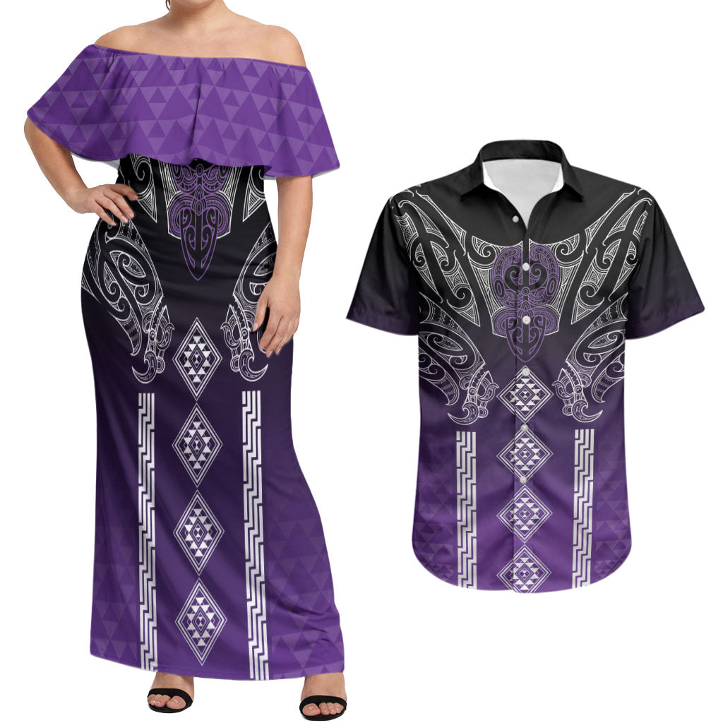 Aotearoa Maori Iwi Heritage Couples Matching Off Shoulder Maxi Dress and Hawaiian Shirt Ngati Porou Waiporoporo LT7 Purple - Polynesian Pride