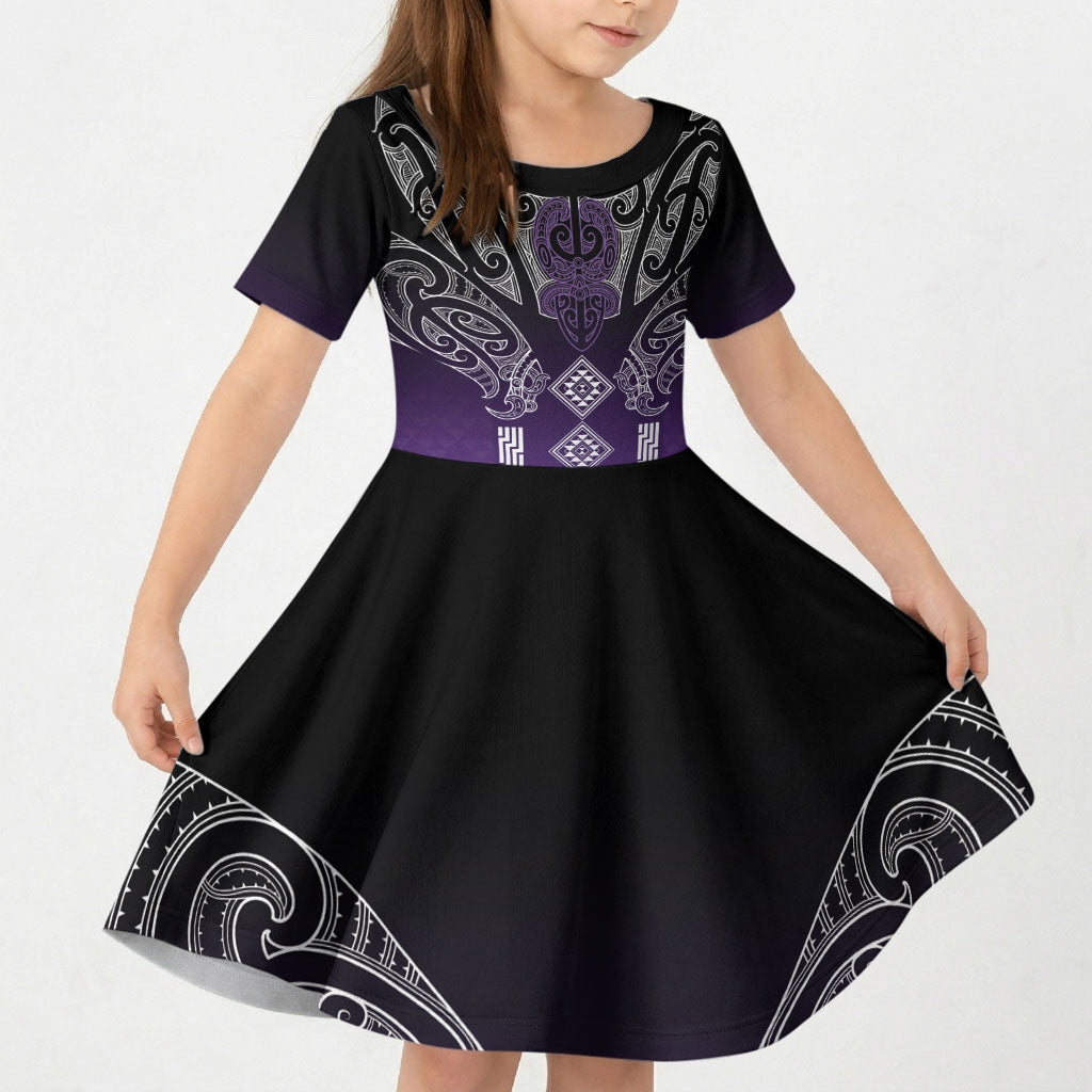 Aotearoa Maori Iwi Heritage Kid Short Sleeve Dress Ngati Porou Waiporoporo LT7 KID Purple - Polynesian Pride