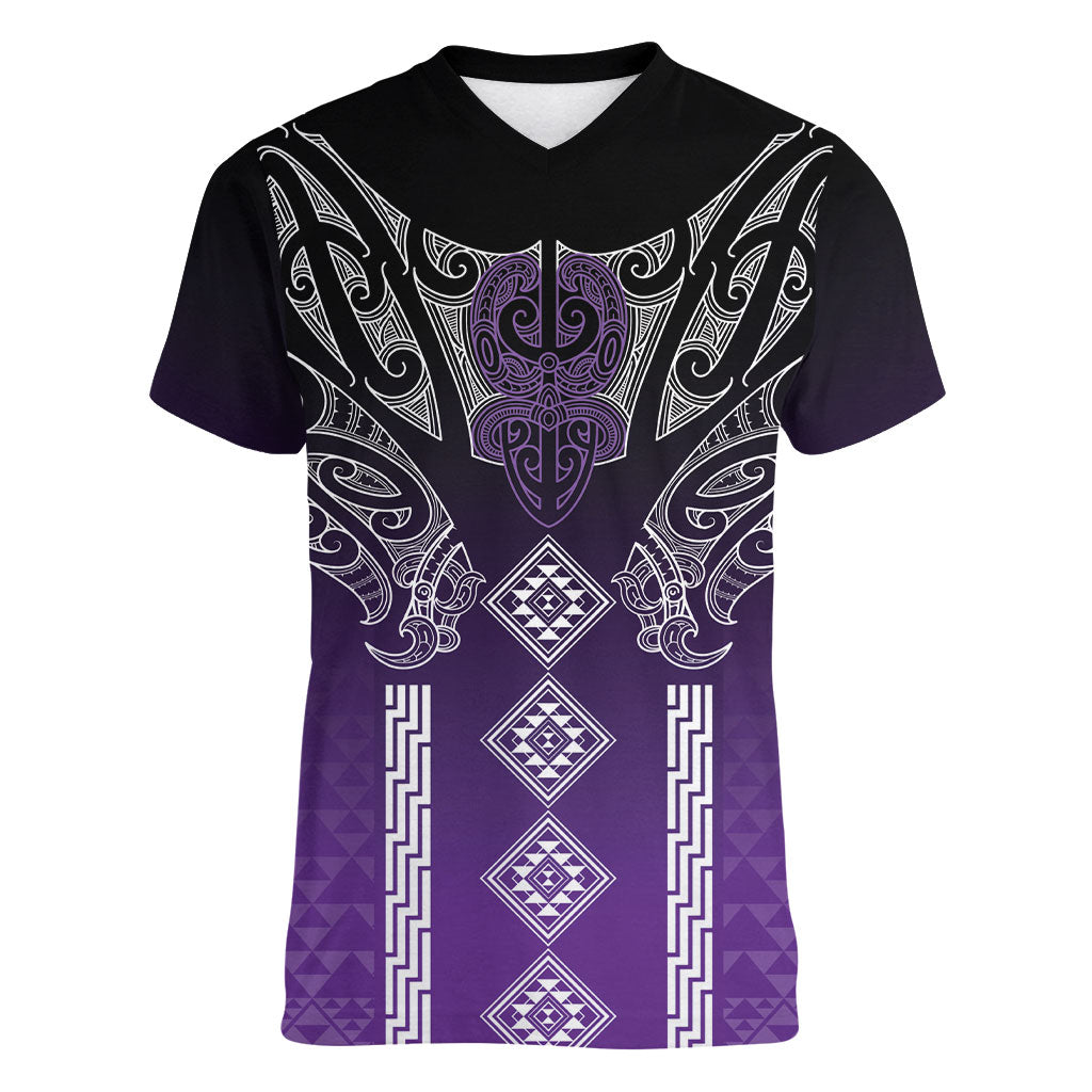Aotearoa Maori Iwi Heritage Women V-Neck T-Shirt Ngati Porou Waiporoporo LT7 Female Purple - Polynesian Pride