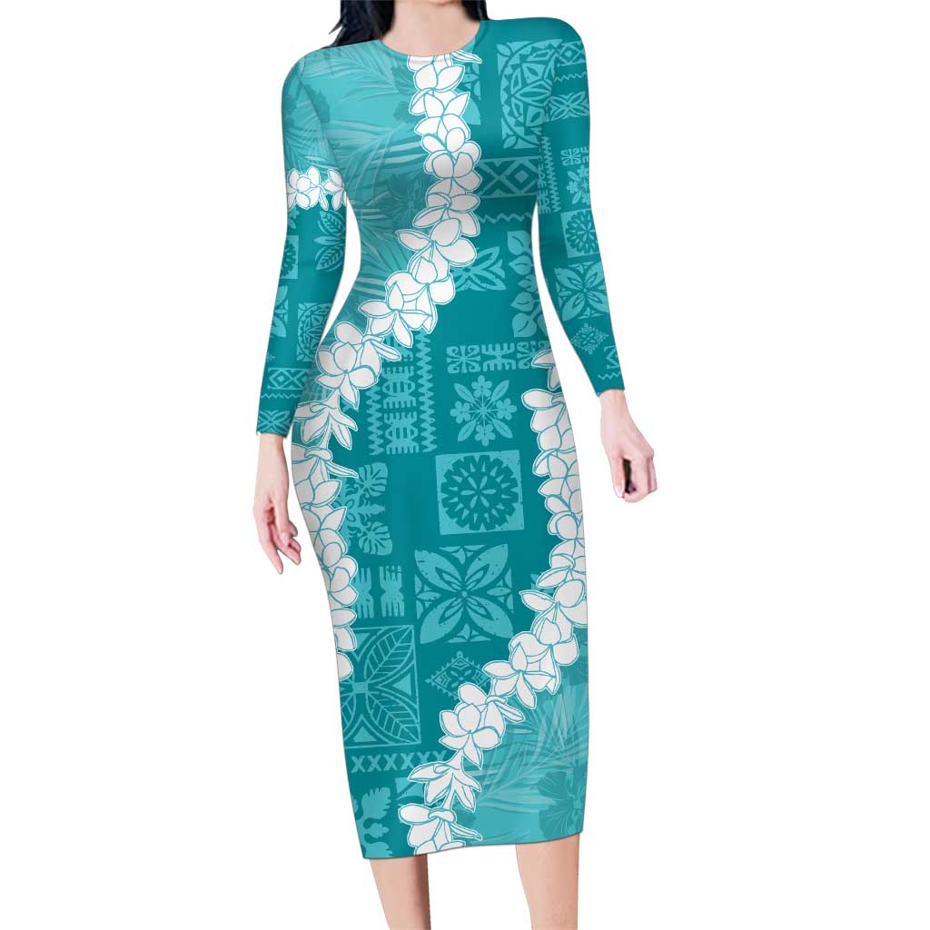 Hawaii Aloha Family Matching Long Sleeve Bodycon Dress and Hawaiian Shirt Teal Quilt Patch Work Mix Plumeria Lei