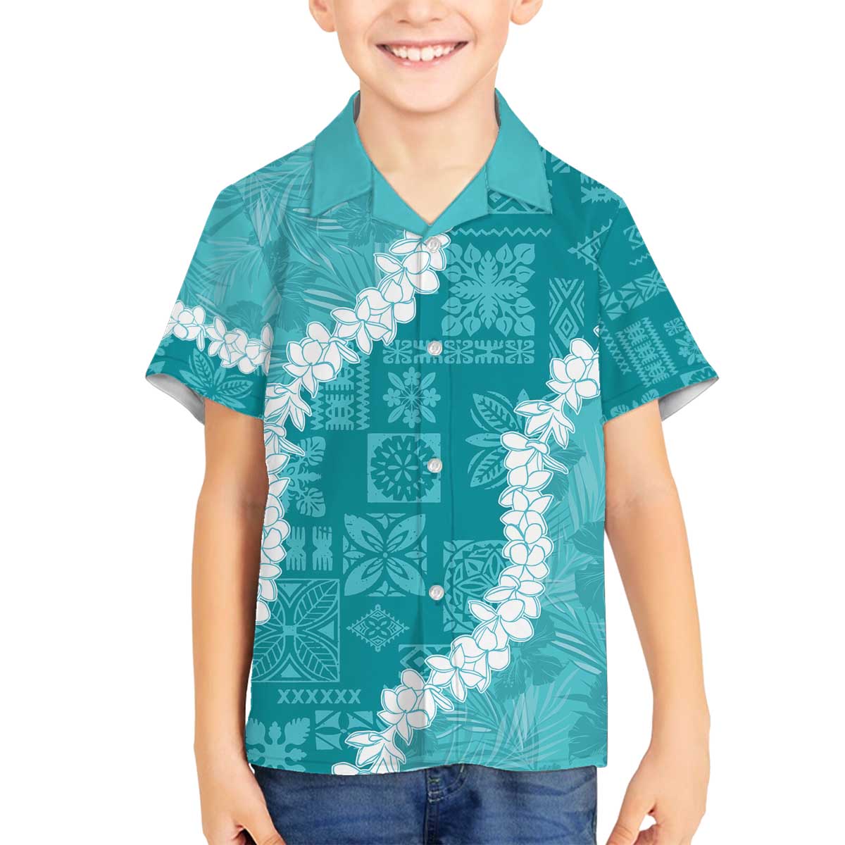 Hawaii Aloha Family Matching Off The Shoulder Long Sleeve Dress and Hawaiian Shirt Teal Quilt Patch Work Mix Plumeria Lei