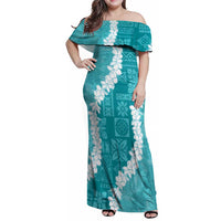 Hawaii Aloha Family Matching Off Shoulder Maxi Dress and Hawaiian Shirt Teal Quilt Patch Work Mix Plumeria Lei