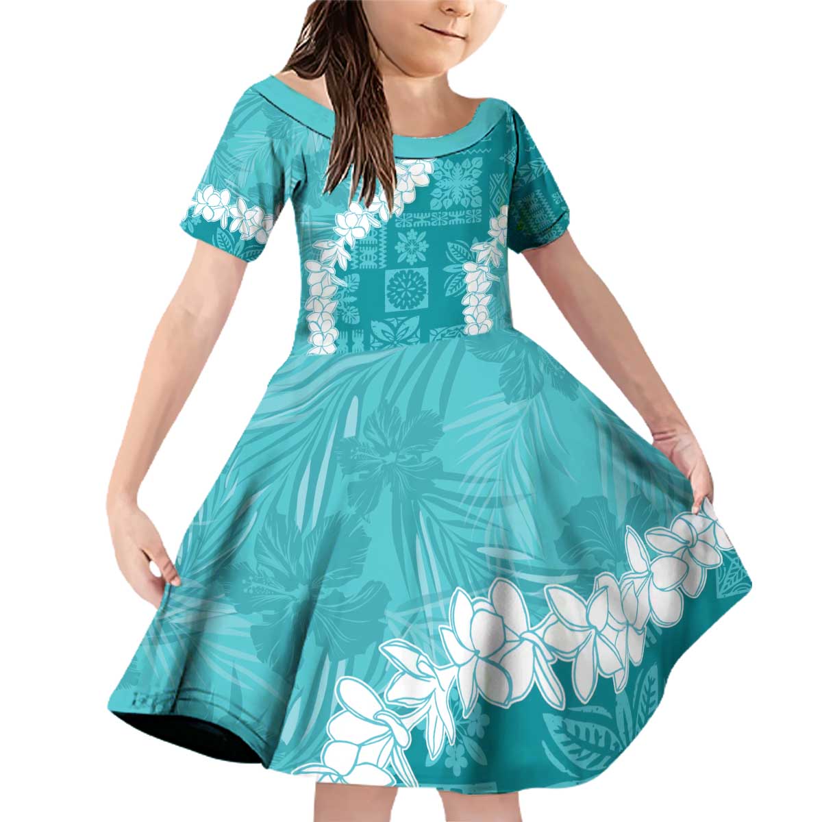 Hawaii Aloha Family Matching Off Shoulder Short Dress and Hawaiian Shirt Teal Quilt Patch Work Mix Plumeria Lei