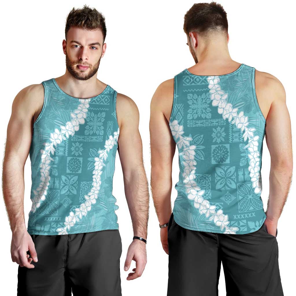 Hawaii Aloha Men Tank Top Teal Quilt Patch Work Mix Plumeria Lei