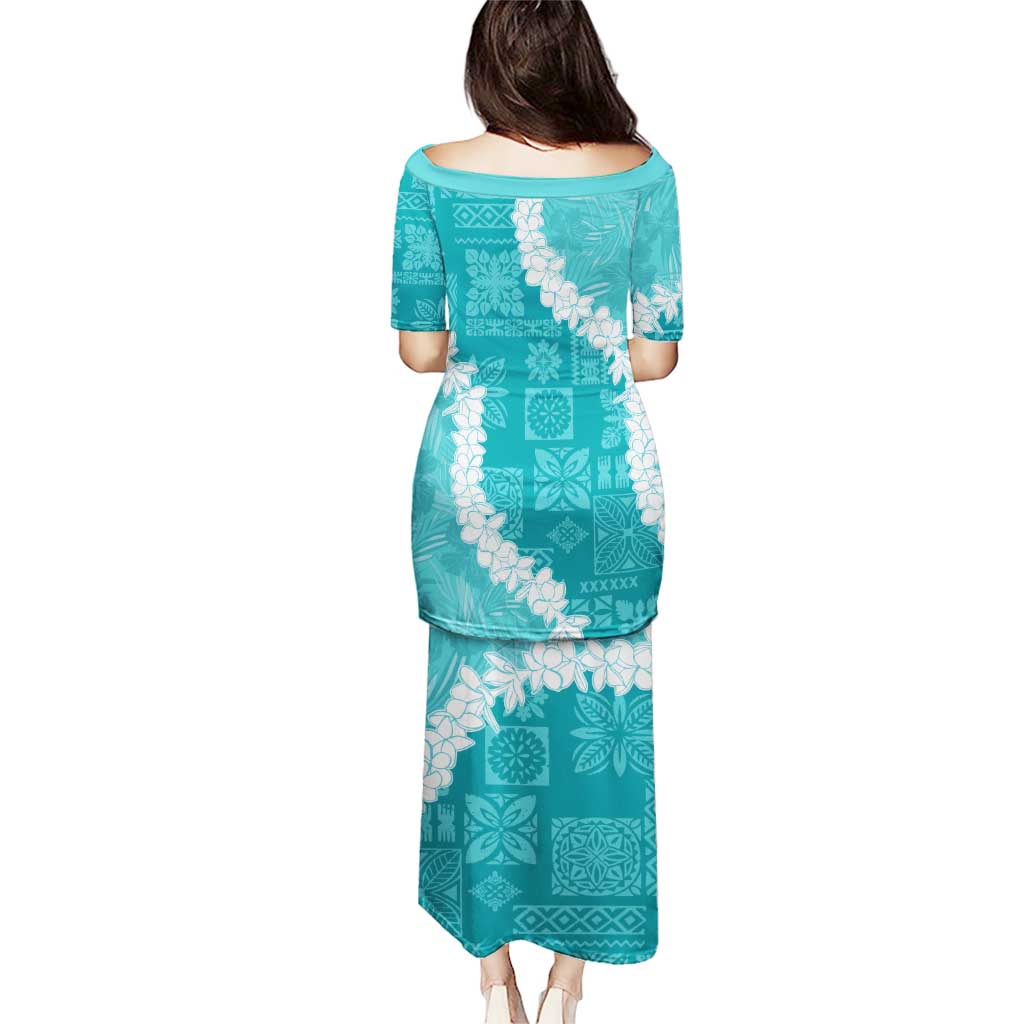 Hawaii Aloha Puletasi Teal Quilt Patch Work Mix Plumeria Lei