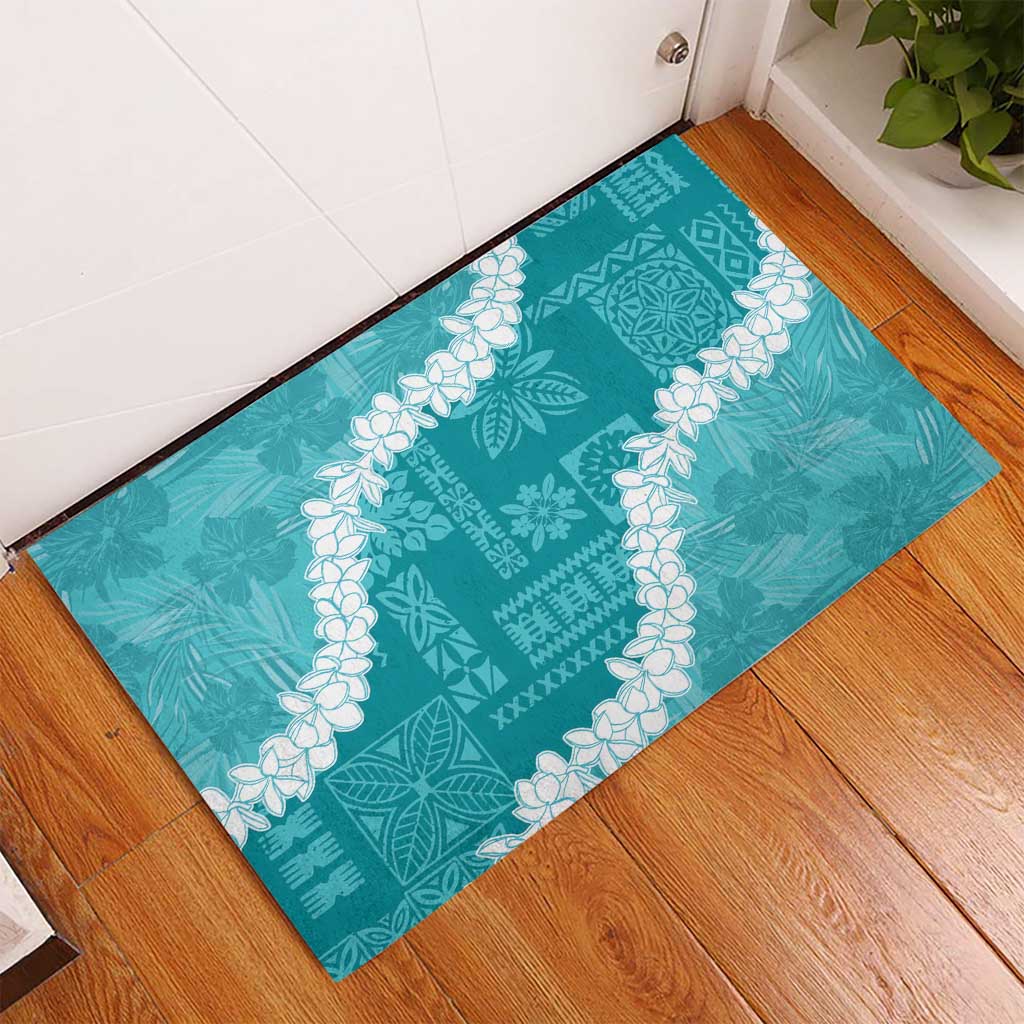 Hawaii Aloha Rubber Doormat Teal Quilt Patch Work Mix Plumeria Lei