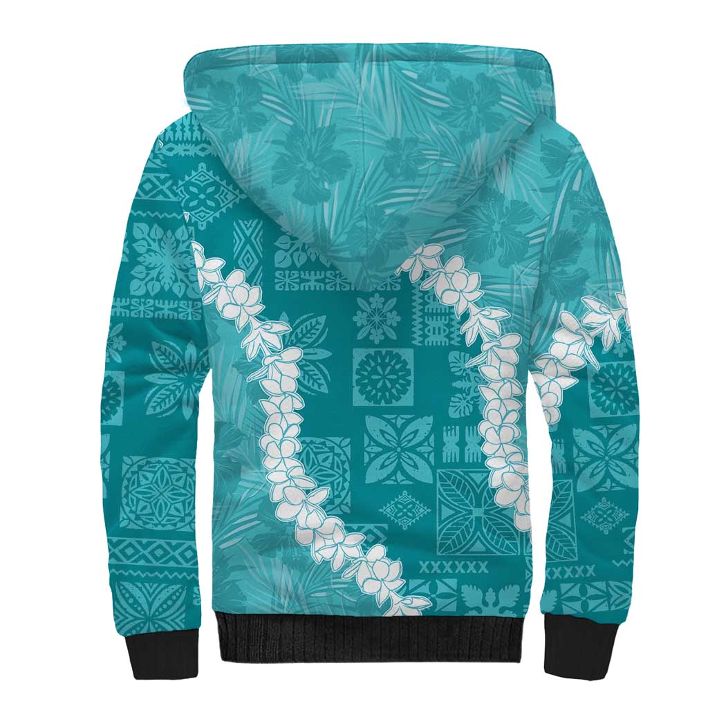 Hawaii Aloha Sherpa Hoodie Teal Quilt Patch Work Mix Plumeria Lei
