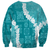 Hawaii Aloha Sweatshirt Teal Quilt Patch Work Mix Plumeria Lei
