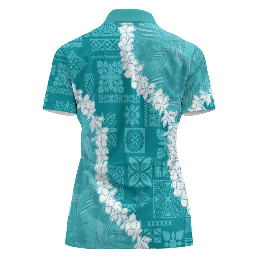Hawaii Aloha Women Polo Shirt Teal Quilt Patch Work Mix Plumeria Lei