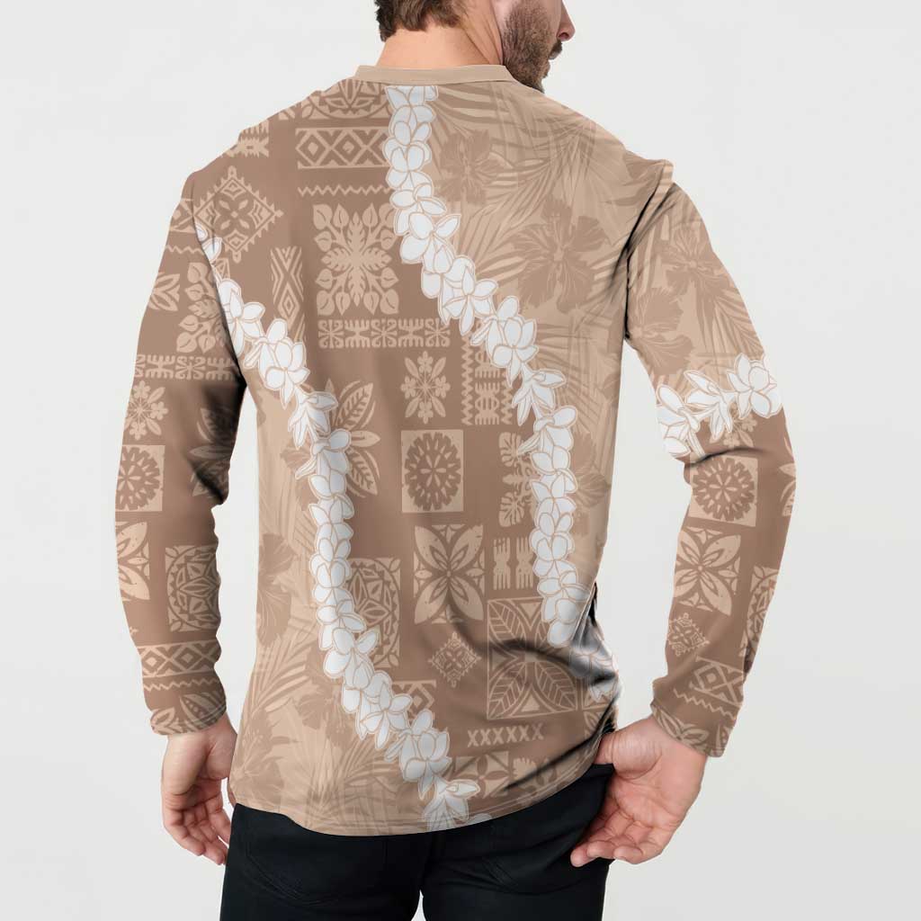 Hawaii Aloha Button Sweatshirt Beige Quilt Patch Work Mix Plumeria Lei